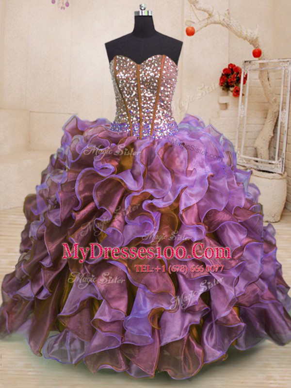 Multi-color Lace Up Sweetheart Beading and Ruffles 15 Quinceanera Dress Organza Sleeveless