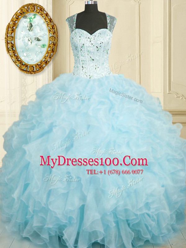 Superior Baby Blue Organza Lace Up Straps Sleeveless Floor Length Sweet 16 Quinceanera Dress Beading and Ruffles