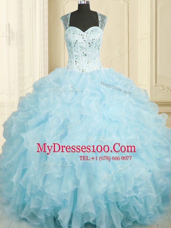 Superior Baby Blue Organza Lace Up Straps Sleeveless Floor Length Sweet 16 Quinceanera Dress Beading and Ruffles