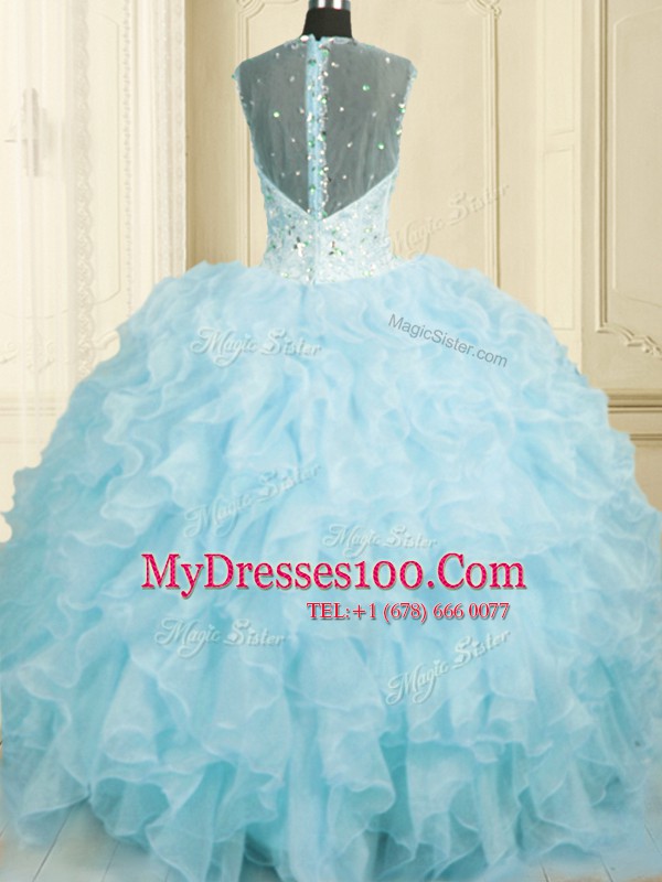 Superior Baby Blue Organza Lace Up Straps Sleeveless Floor Length Sweet 16 Quinceanera Dress Beading and Ruffles