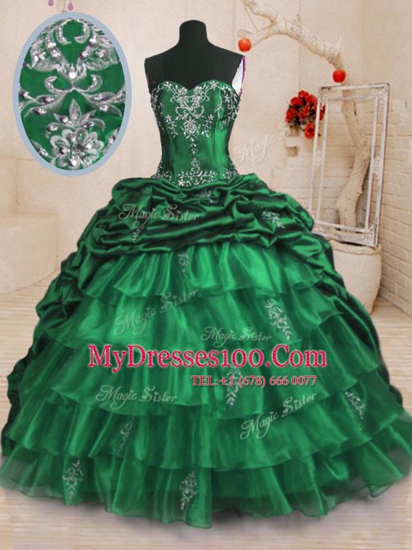 Inexpensive Dark Green Ball Gowns Organza and Taffeta Sweetheart Sleeveless Beading and Appliques and Ruffled Layers and Pick Ups With Train Lace Up Sweet 16 Quinceanera Dress Sweep Train