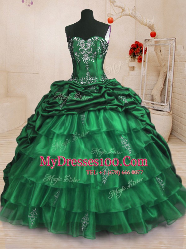 Inexpensive Dark Green Ball Gowns Organza and Taffeta Sweetheart Sleeveless Beading and Appliques and Ruffled Layers and Pick Ups With Train Lace Up Sweet 16 Quinceanera Dress Sweep Train