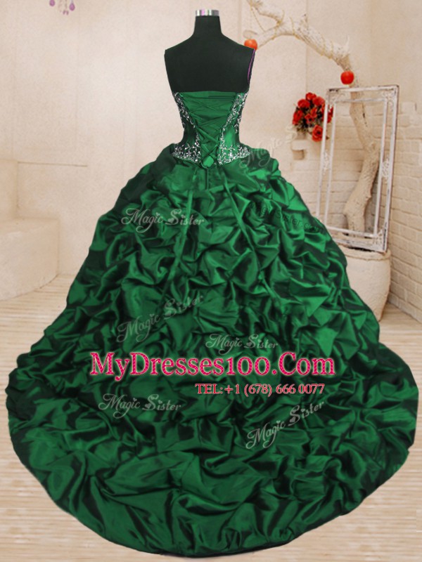 Inexpensive Dark Green Ball Gowns Organza and Taffeta Sweetheart Sleeveless Beading and Appliques and Ruffled Layers and Pick Ups With Train Lace Up Sweet 16 Quinceanera Dress Sweep Train