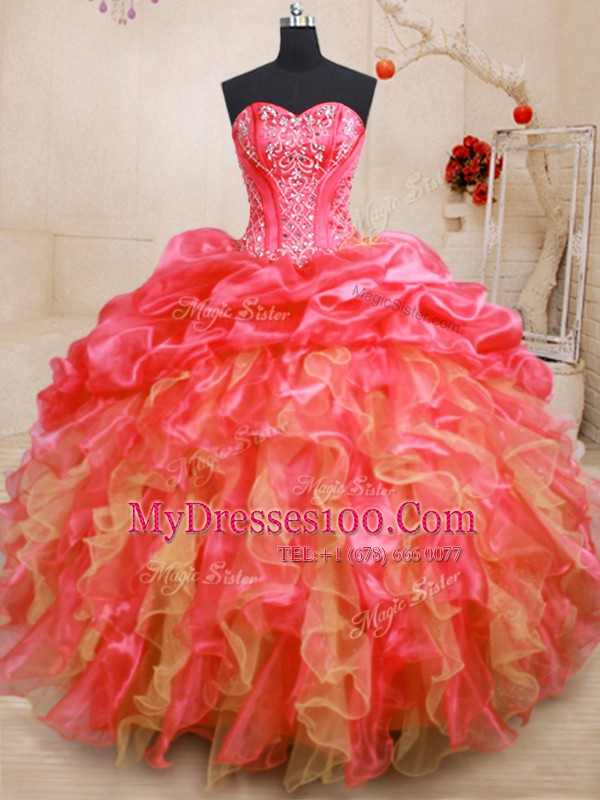 Floor Length Lace Up Quinceanera Dress Red for Military Ball and Sweet 16 and Quinceanera with Beading and Ruffles