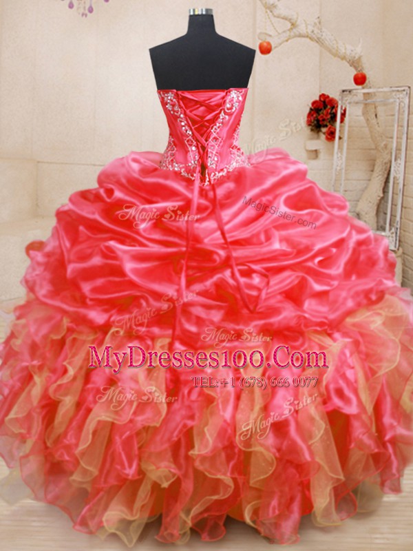 Floor Length Lace Up Quinceanera Dress Red for Military Ball and Sweet 16 and Quinceanera with Beading and Ruffles
