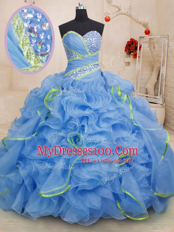 Blue Sleeveless With Train Beading and Ruffles Lace Up Sweet 16 Dresses