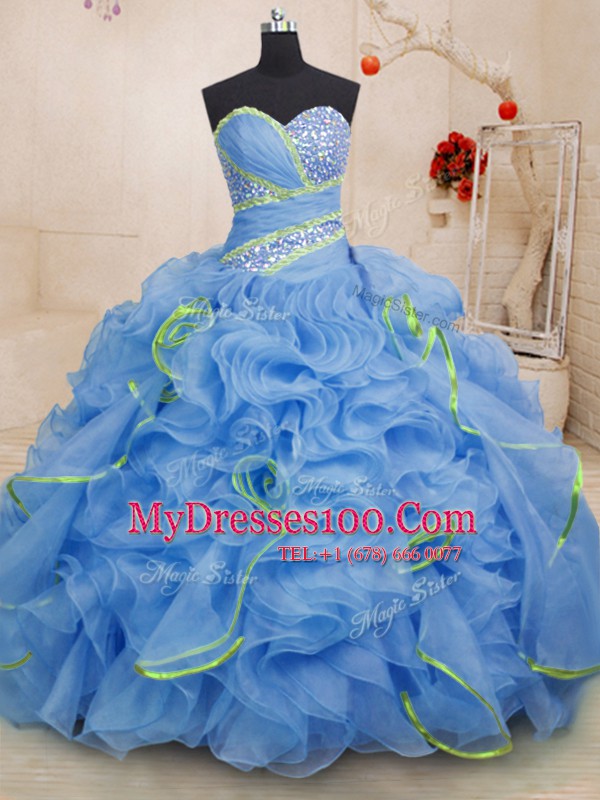 Blue Sleeveless With Train Beading and Ruffles Lace Up Sweet 16 Dresses