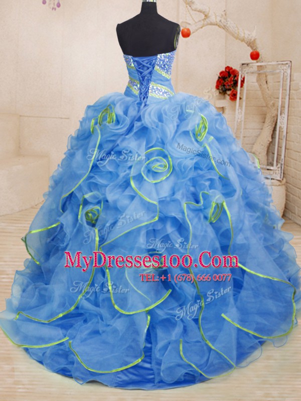 Blue Sleeveless With Train Beading and Ruffles Lace Up Sweet 16 Dresses