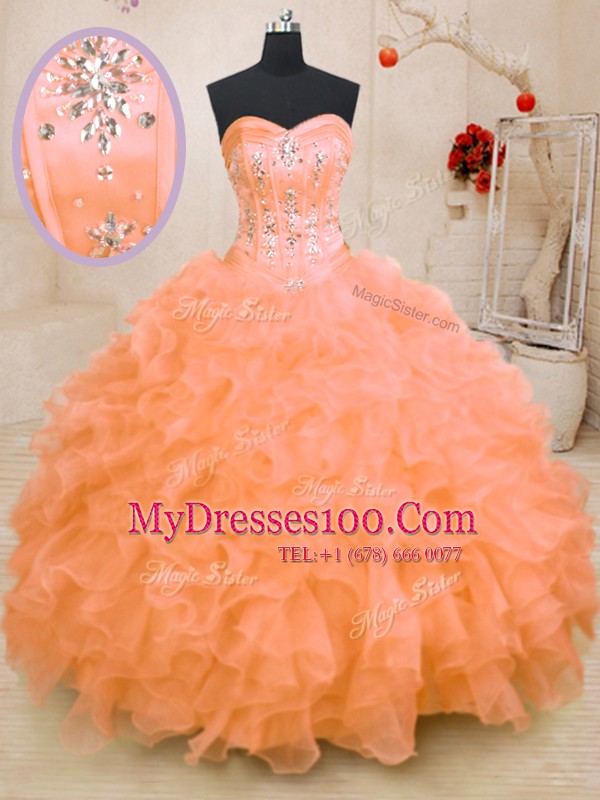 Great Orange Sweetheart Lace Up Beading and Ruffles Sweet 16 Dress Sleeveless