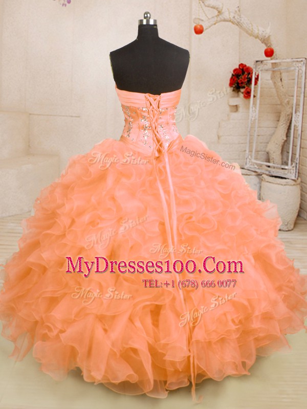 Great Orange Sweetheart Lace Up Beading and Ruffles Sweet 16 Dress Sleeveless