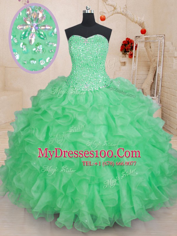 Popular Sleeveless Organza Floor Length Lace Up Quinceanera Gowns in Green with Beading and Ruffles