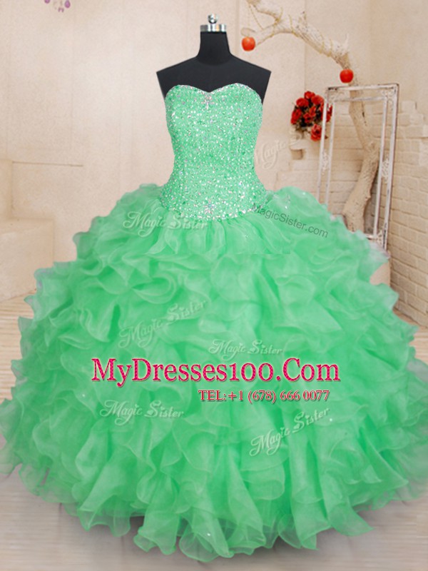 Popular Sleeveless Organza Floor Length Lace Up Quinceanera Gowns in Green with Beading and Ruffles