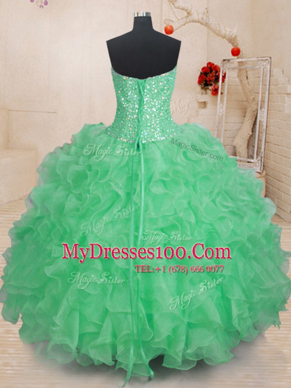 Popular Sleeveless Organza Floor Length Lace Up Quinceanera Gowns in Green with Beading and Ruffles