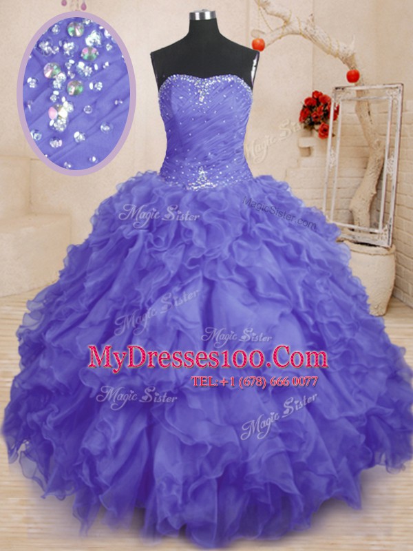 Extravagant Purple Sleeveless Floor Length Beading and Ruffles and Ruching Lace Up 15 Quinceanera Dress