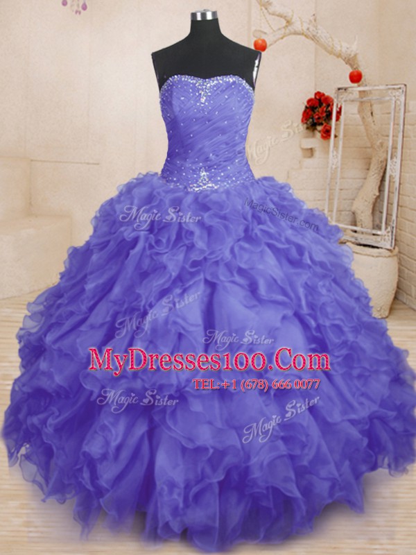 Extravagant Purple Sleeveless Floor Length Beading and Ruffles and Ruching Lace Up 15 Quinceanera Dress