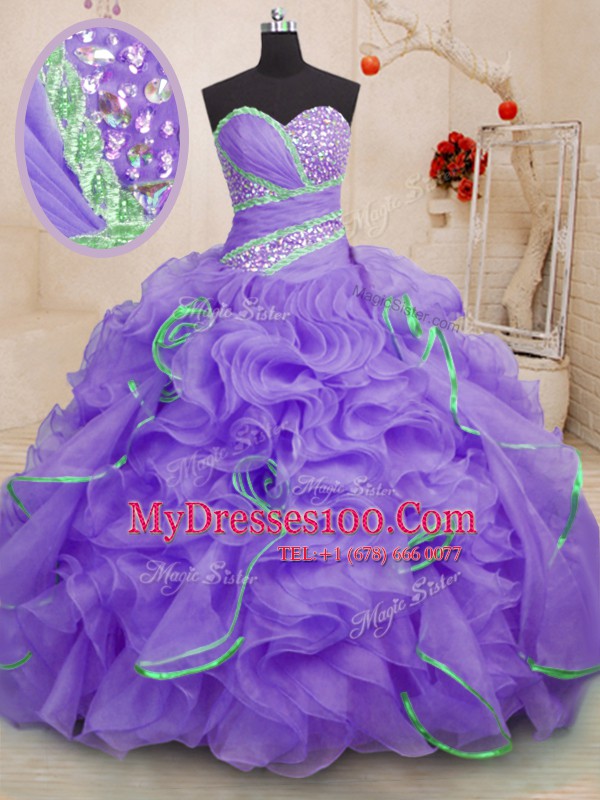 With Train Lace Up 15th Birthday Dress Lavender for Military Ball and Sweet 16 and Quinceanera with Beading and Ruffles Brush Train
