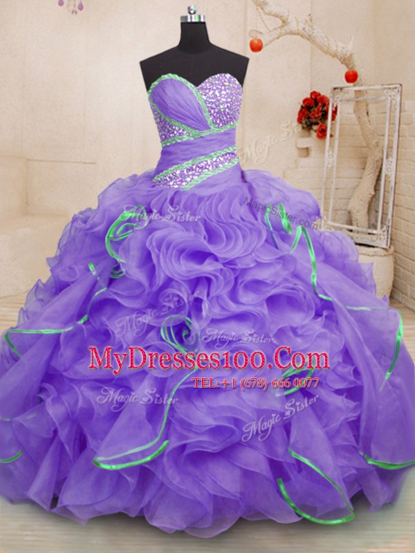 With Train Lace Up 15th Birthday Dress Lavender for Military Ball and Sweet 16 and Quinceanera with Beading and Ruffles Brush Train