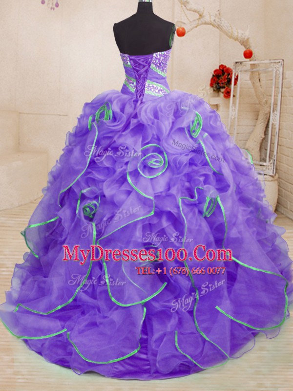 With Train Lace Up 15th Birthday Dress Lavender for Military Ball and Sweet 16 and Quinceanera with Beading and Ruffles Brush Train