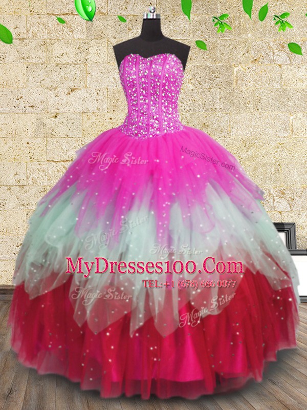Trendy Sweetheart Sleeveless Tulle Quinceanera Gown Beading and Ruffles and Ruffled Layers Lace Up