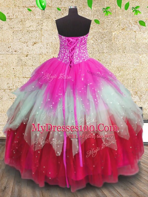 Trendy Sweetheart Sleeveless Tulle Quinceanera Gown Beading and Ruffles and Ruffled Layers Lace Up