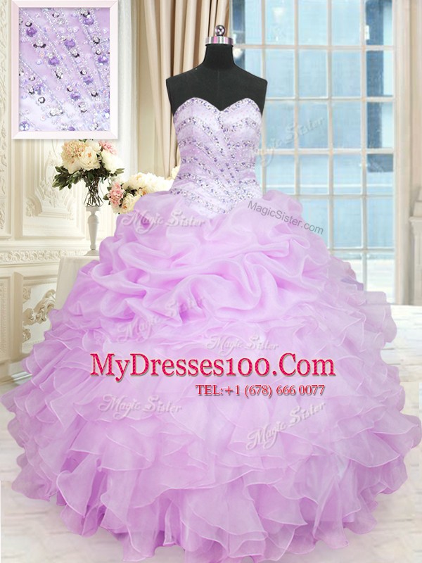 Sophisticated Floor Length Lilac Sweet 16 Dress Organza Sleeveless Beading and Ruffles