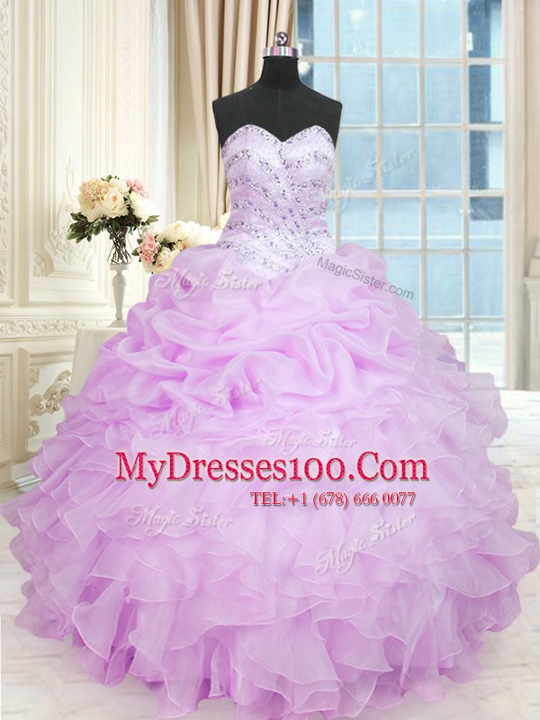Sophisticated Floor Length Lilac Sweet 16 Dress Organza Sleeveless Beading and Ruffles