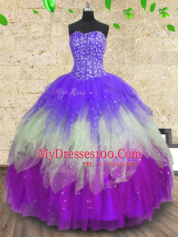Sequins Sweetheart Sleeveless Lace Up Quinceanera Gowns Multi-color Tulle