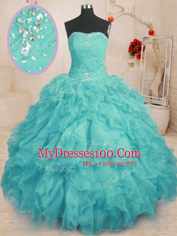 Aqua Blue Strapless Lace Up Beading and Ruffles 15 Quinceanera Dress Sleeveless