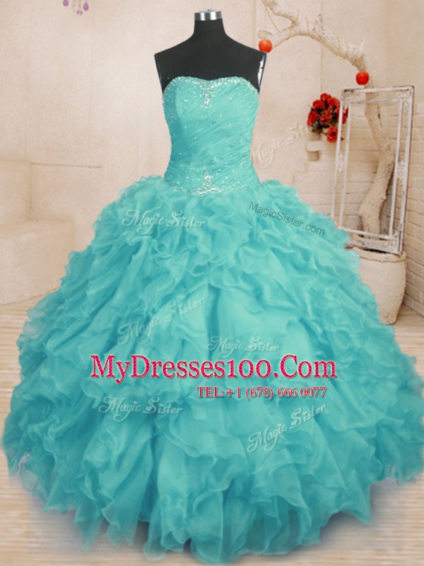 Aqua Blue Strapless Lace Up Beading and Ruffles 15 Quinceanera Dress Sleeveless