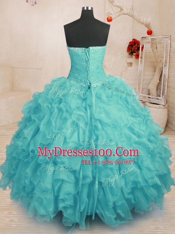 Aqua Blue Strapless Lace Up Beading and Ruffles 15 Quinceanera Dress Sleeveless