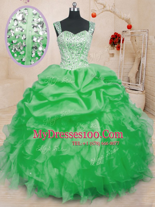 Fancy Sleeveless Organza Floor Length Lace Up Quince Ball Gowns in with Beading and Ruffles and Pick Ups