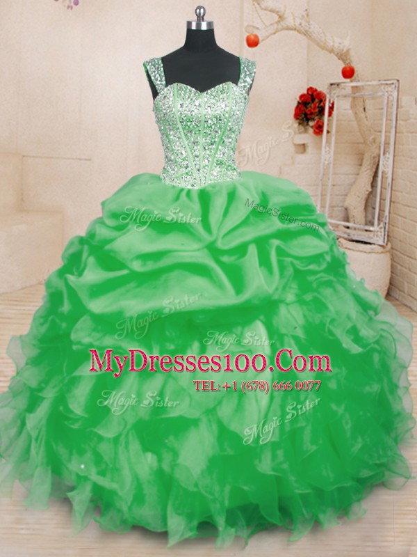 Fancy Sleeveless Organza Floor Length Lace Up Quince Ball Gowns in with Beading and Ruffles and Pick Ups