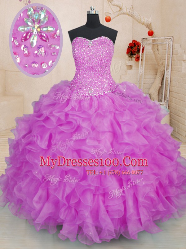 Graceful Fuchsia Sweetheart Neckline Beading and Ruffles Sweet 16 Quinceanera Dress Sleeveless Lace Up