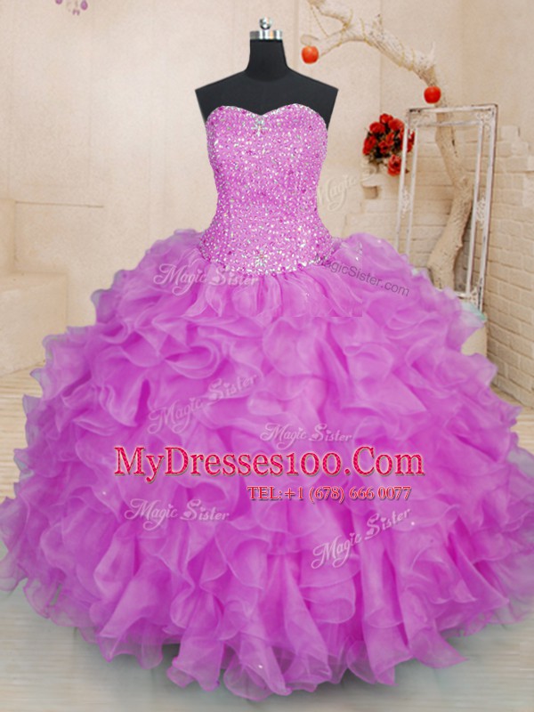 Graceful Fuchsia Sweetheart Neckline Beading and Ruffles Sweet 16 Quinceanera Dress Sleeveless Lace Up