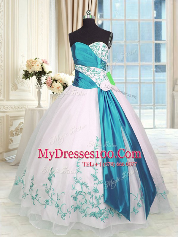 Graceful White Lace Up 15th Birthday Dress Embroidery and Sashes ribbons Sleeveless Floor Length