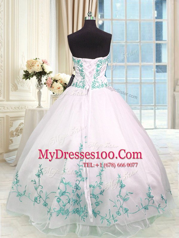 Graceful White Lace Up 15th Birthday Dress Embroidery and Sashes ribbons Sleeveless Floor Length