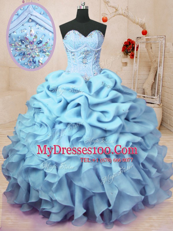 Traditional Baby Blue Ball Gowns Sweetheart Sleeveless Organza Floor Length Lace Up Beading and Ruffles and Pick Ups Quince Ball Gowns