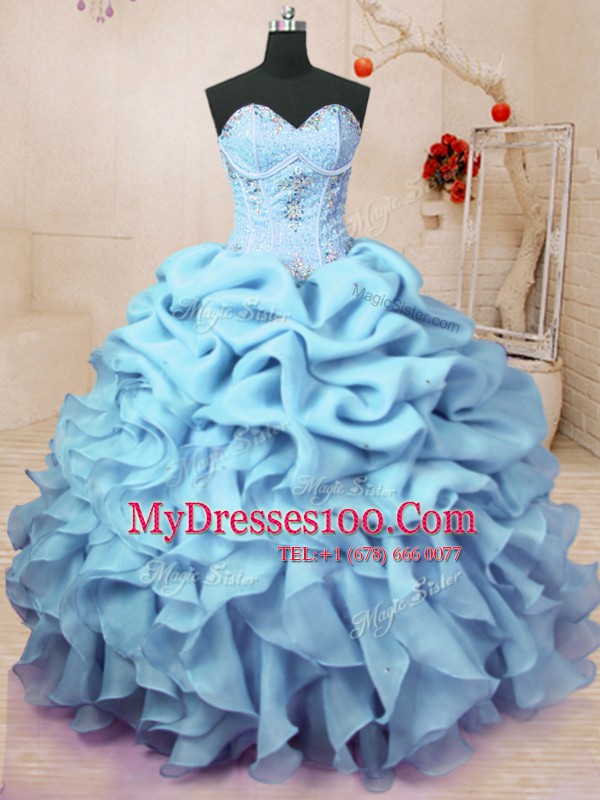 Traditional Baby Blue Ball Gowns Sweetheart Sleeveless Organza Floor Length Lace Up Beading and Ruffles and Pick Ups Quince Ball Gowns