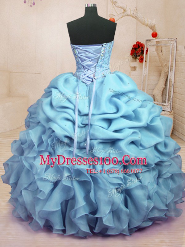 Traditional Baby Blue Ball Gowns Sweetheart Sleeveless Organza Floor Length Lace Up Beading and Ruffles and Pick Ups Quince Ball Gowns