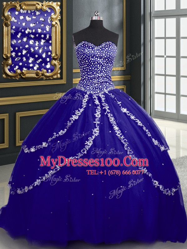 Brush Train Ball Gowns Sweet 16 Dress Blue Sweetheart Tulle Sleeveless With Train Lace Up