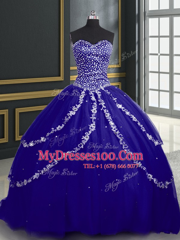 Brush Train Ball Gowns Sweet 16 Dress Blue Sweetheart Tulle Sleeveless With Train Lace Up