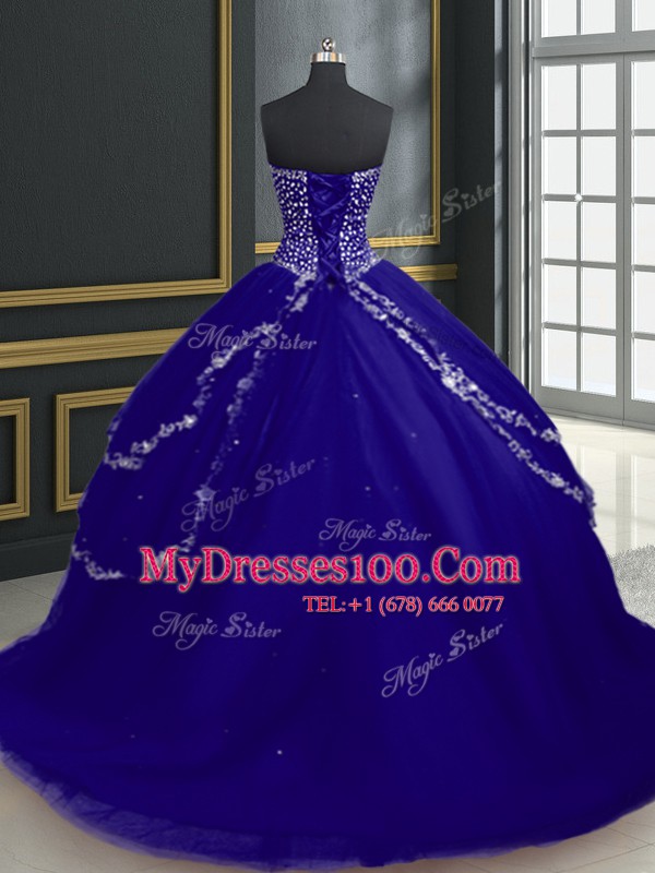 Brush Train Ball Gowns Sweet 16 Dress Blue Sweetheart Tulle Sleeveless With Train Lace Up