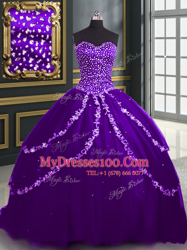 With Train Purple 15th Birthday Dress Tulle Brush Train Sleeveless Beading and Appliques