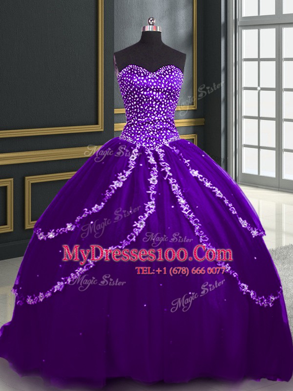 With Train Purple 15th Birthday Dress Tulle Brush Train Sleeveless Beading and Appliques