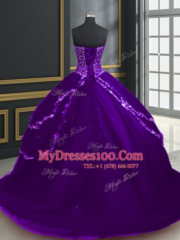 With Train Purple 15th Birthday Dress Tulle Brush Train Sleeveless Beading and Appliques
