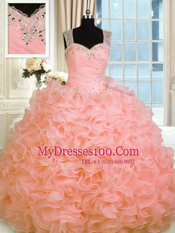 Artistic Straps Sleeveless Quinceanera Dress Floor Length Beading and Ruffles Watermelon Red Organza