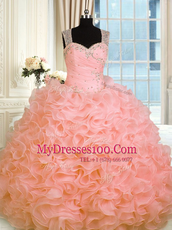 Artistic Straps Sleeveless Quinceanera Dress Floor Length Beading and Ruffles Watermelon Red Organza
