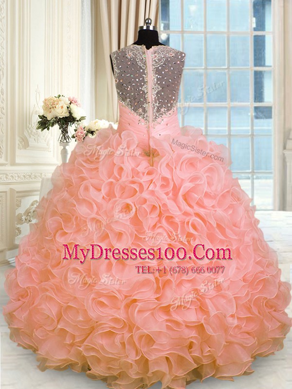 Artistic Straps Sleeveless Quinceanera Dress Floor Length Beading and Ruffles Watermelon Red Organza