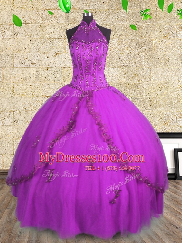Fantastic Halter Top Purple Ball Gowns Beading 15th Birthday Dress Lace Up Tulle Sleeveless Floor Length