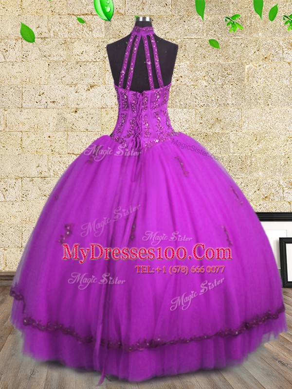 Fantastic Halter Top Purple Ball Gowns Beading 15th Birthday Dress Lace Up Tulle Sleeveless Floor Length
